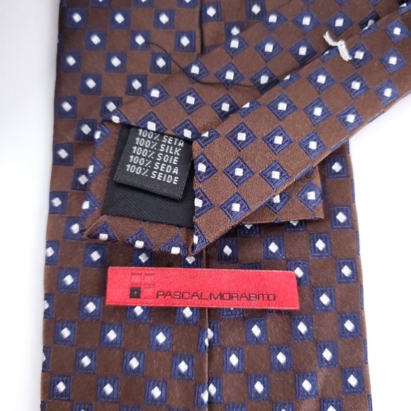 Pascal Morabito Men 100% Silk Tie Geometric Brown Blue 60x4 - NWOT - Picture 4 of 6